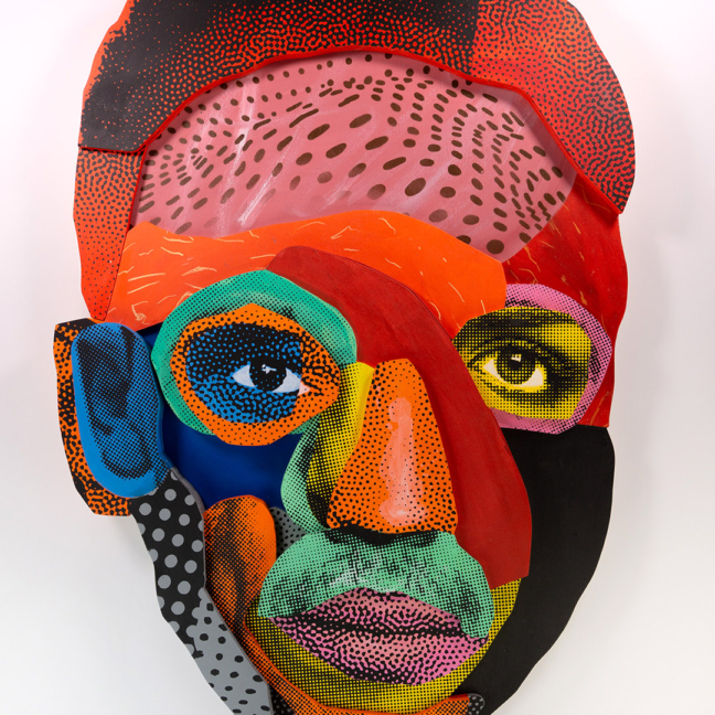 Various & Gould: Face Time Relief – Napoleon Komplex, Berlin 2022, silkscreen, spray paint and acrylic on wood, ca. 96 x 63 x 4 cm