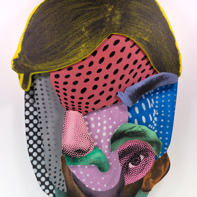 Various & Gould: Face Time Relief – Monday, Berlin 2022, silkscreen, spray paint and acrylic on wood, ca. 90 x 61 x 4 cm
